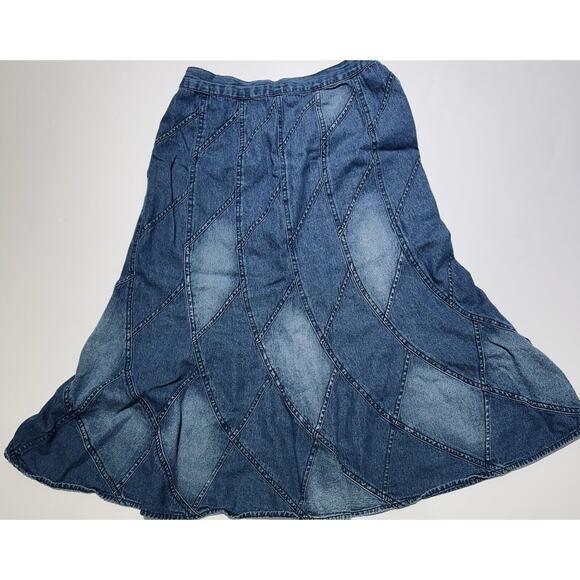 Vintage Studio West Denim Patchwork Maxi Skirt Bohemian Western Pull On M - Picture 2 of 8